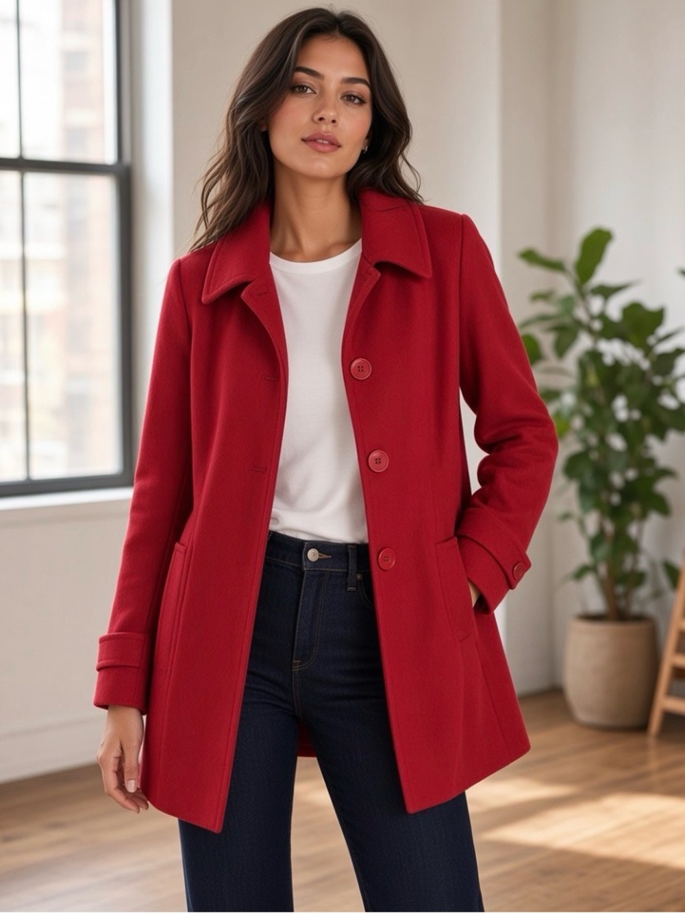 AK Anne Klein Bright Red Wool-Blend Coat | Size M